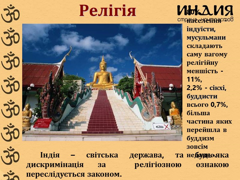 Релігія 80% населення - індуїсти, мусульмани складають саму вагому релігійну меншість - 11%, 